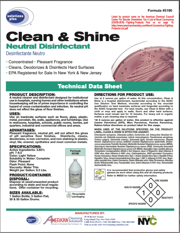 One Case of Four Gallons · Clean & Shine Neutral Disinfectant · 5190-1225